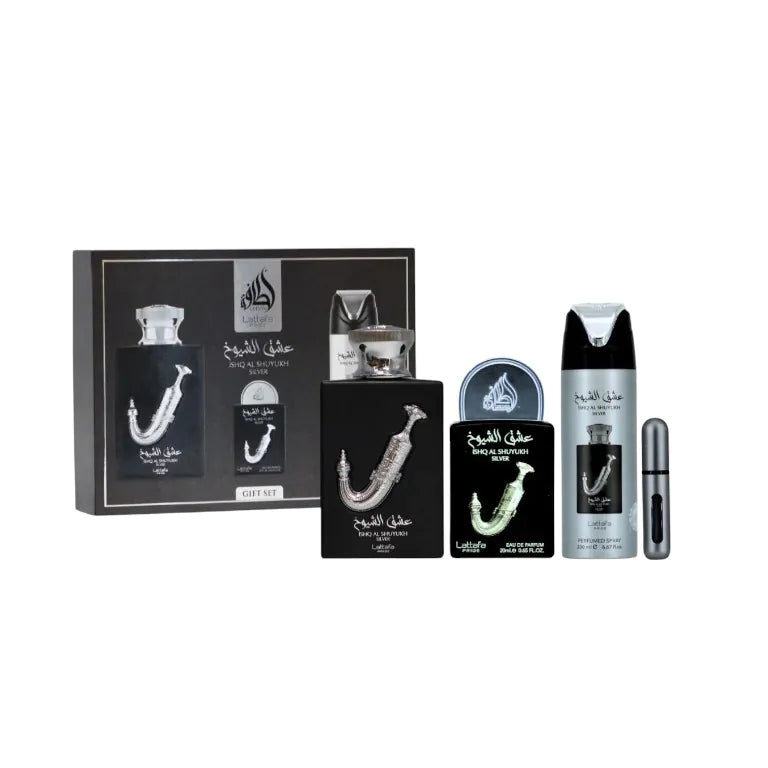 Estuche Lattafa Ishq Al Shuyukh Silver EDP 4 Piezas Unisex